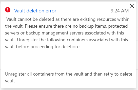 Vault deletion error message